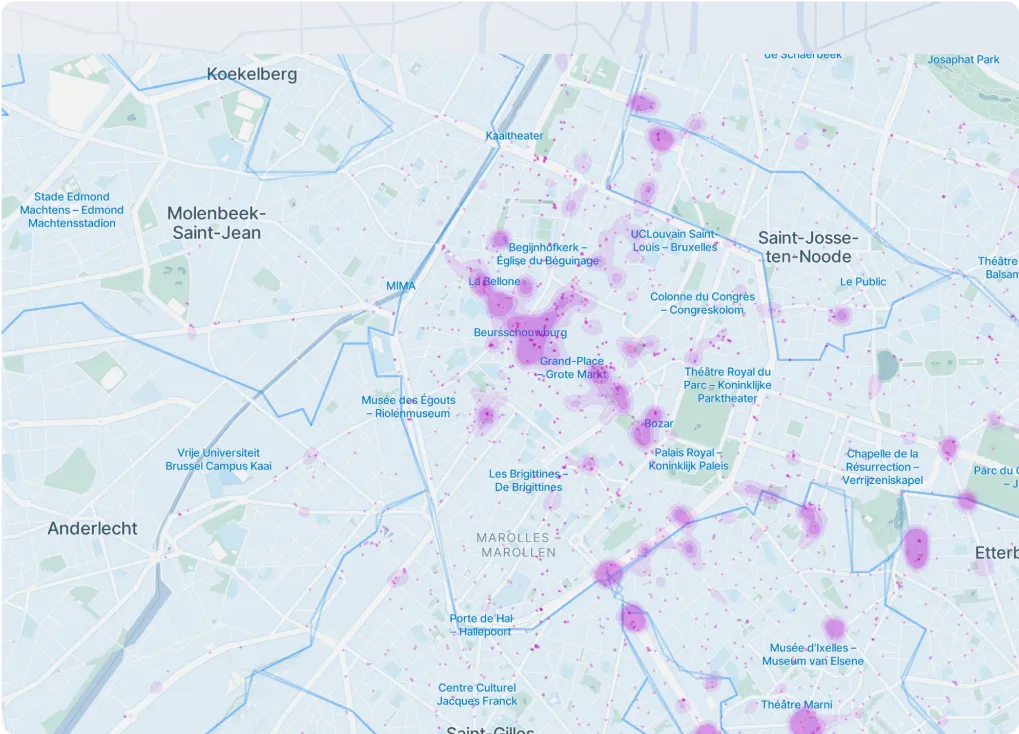 A map of a city with lots of pink dots.